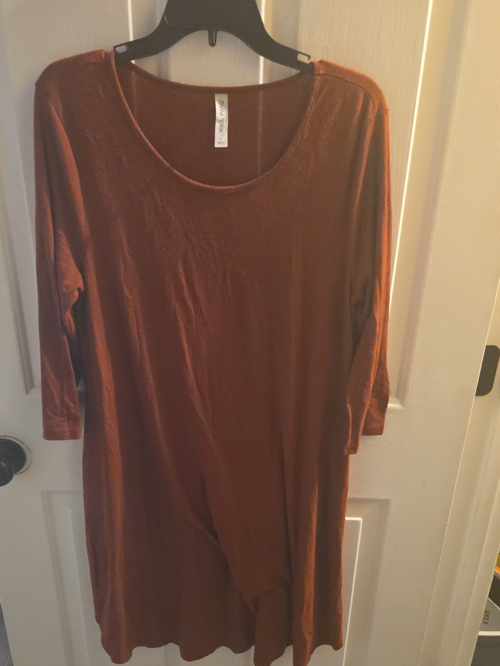 Zenana Outfitters Long Sleeve Scoop Neck Dress in Rust Brown